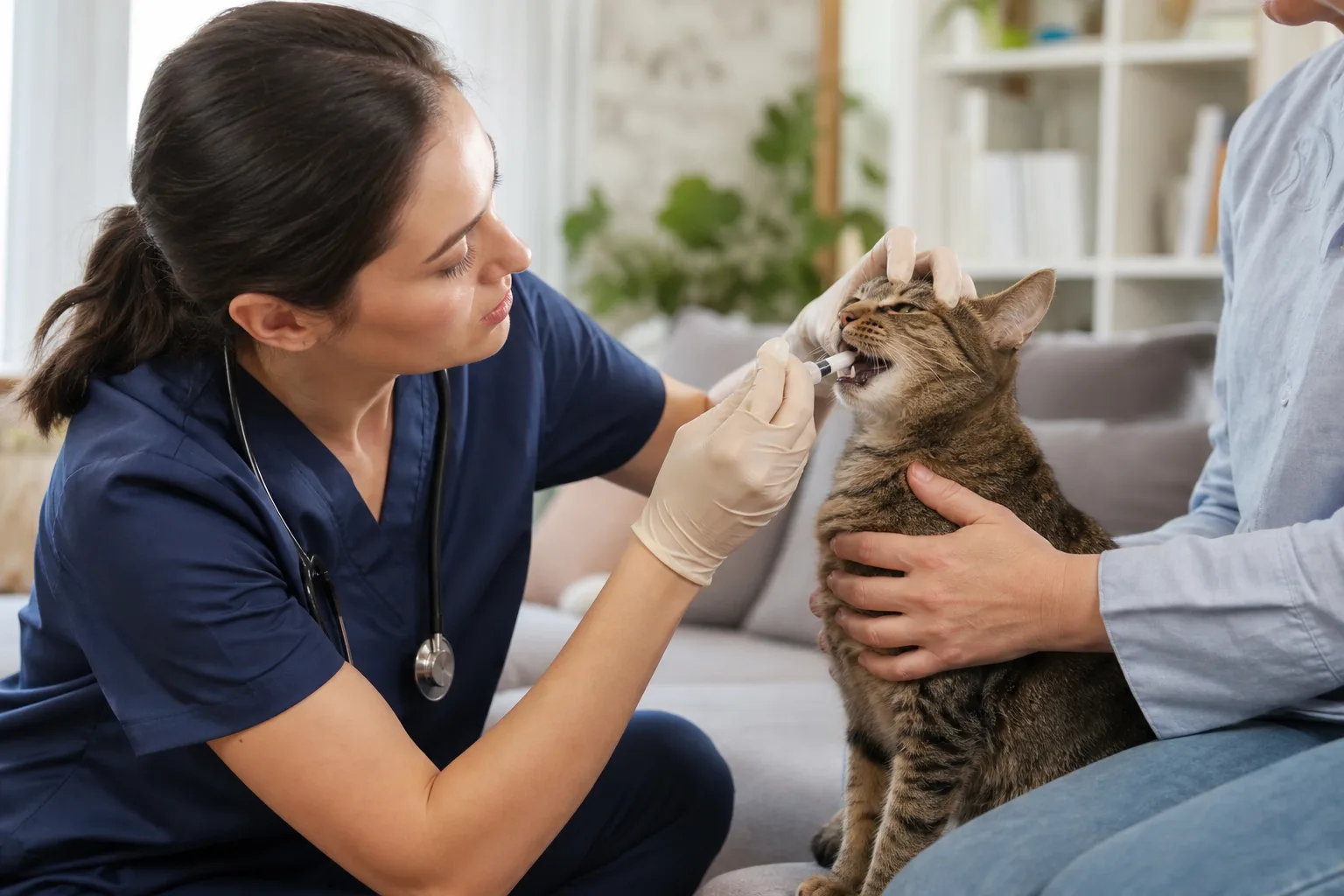 Aplicação de medicamentos em casa com supervisão veterinária